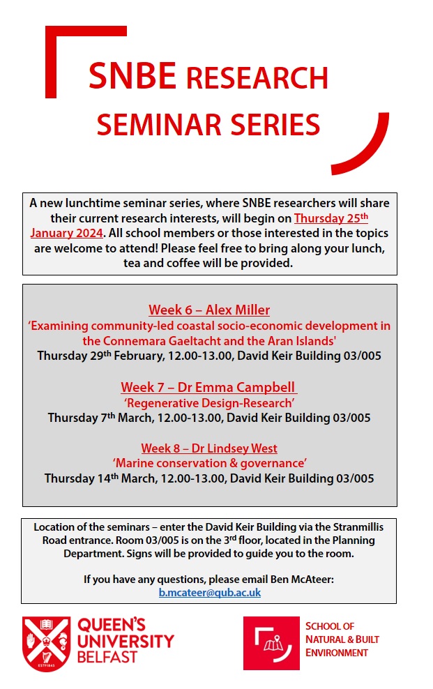 We're entering the final 2 sessions of our Natural & Built Environment seminar series Next up is Dr @_emmajcampbell, who will present on 'Regenerative Design-Research'. Everyone is welcome to attend 📅 Thursday 7th March ⏲ 12.00-13.00 🏢 DKB, 03/005 More details below ⬇️⬇️