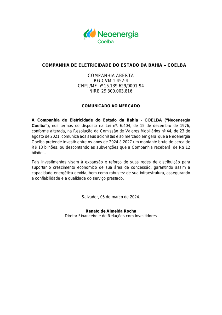 CalixtoCapital's tweet photo. #CEEB3 | COELBA | Comunicado ao Mercado https://t.co/mz8hgnvRU8