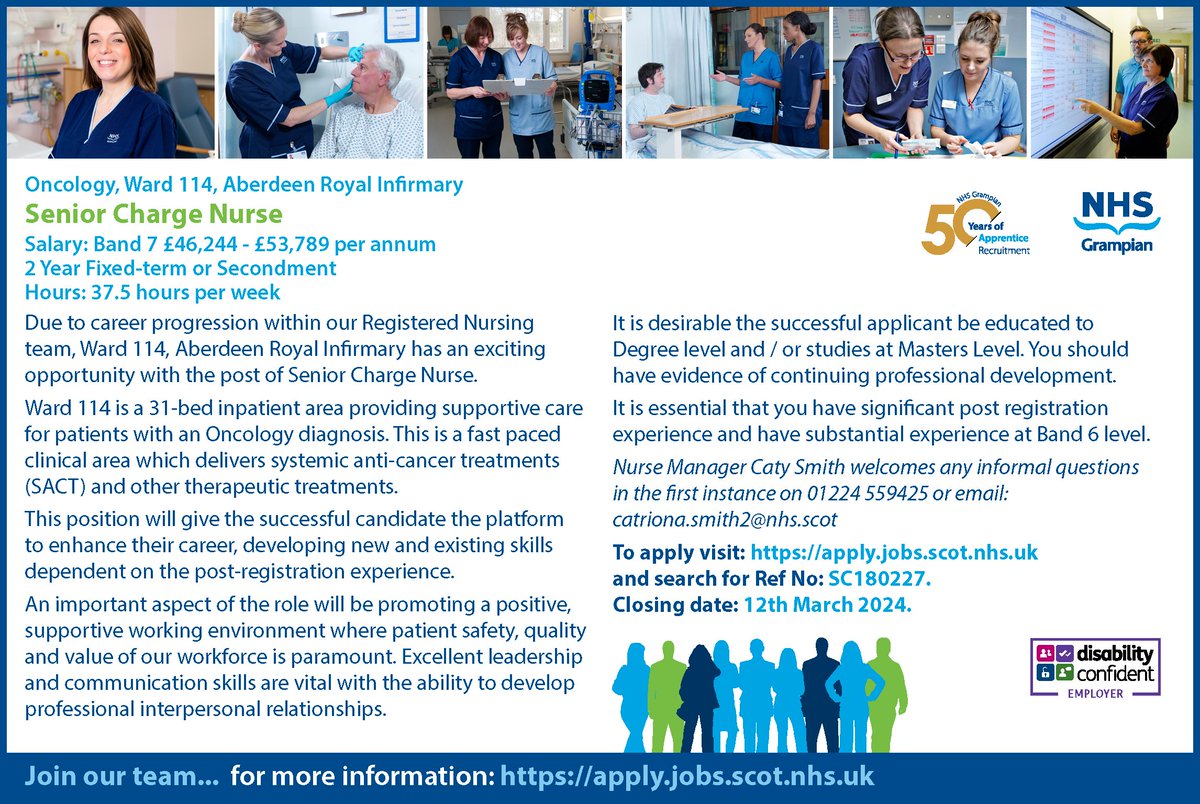 Ward 114, Aberdeen Royal Infirmary has this exciting opportunity with the post of Senior Charge Nurse on a 2 year Fixed Term/Secondment: apply.jobs.scot.nhs.uk/Job/JobDetail?…