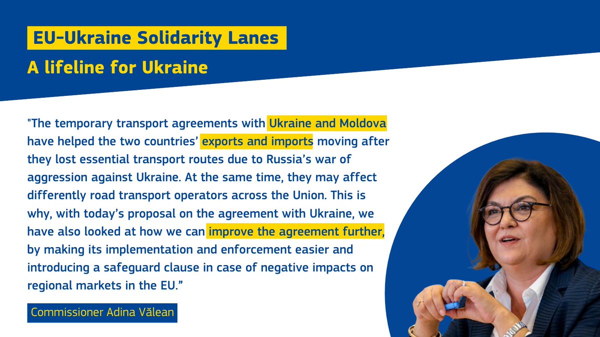 #StandWithUkraine: we propose to prolong the EU’s road transport agreements with 🇺🇦&🇲🇩and to update the agreement with 🇺🇦 to ensure better implementation & enforcement. ✅extension until at least 31 December 2025 ✅supporting the #SolidarityLanes ▶️europa.eu/!4xB83y