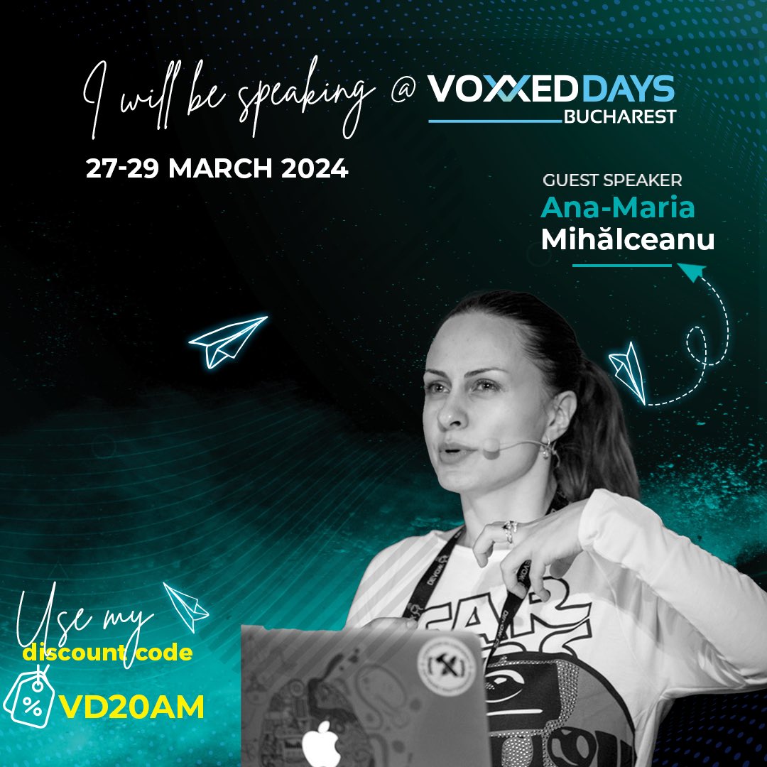 🎉I'm happy to present at @voxxedbucharest 2024! Join this great conference to improve your skills and learn about latest technology trends! 

Use the code VD20AM to get a 20% discount on this 3-day community-driven event, here: romania.voxxeddays.com/voxxed-days-bu…
#itwillbefun #Java #AI