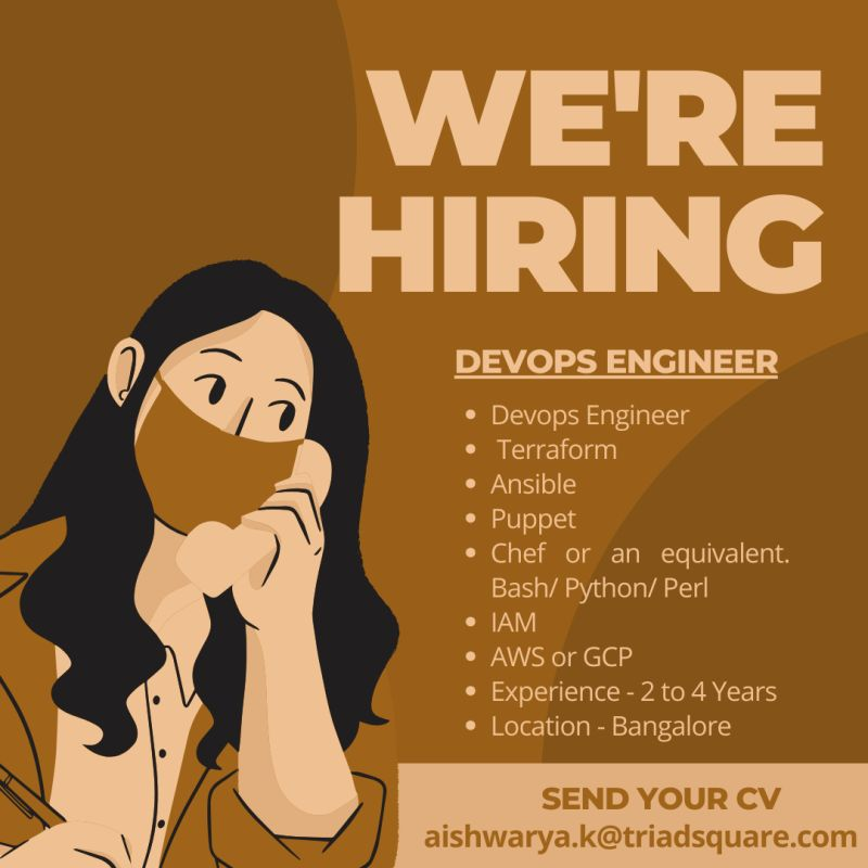 parmeshwar's tweet photo. DevOps Engineer Opening at TriadSquare | Bangalore

#DevOps #AWS #GCP #Jobs #Terraform #Ansible #Bangalore #Python #Bash #Puppet https://t.co/wJ52xS3wCc