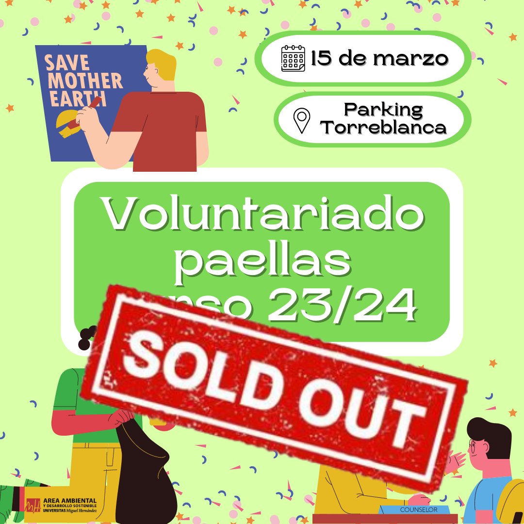 Ya se ha cerrado la elección de
voluntarios para este curso, os damos las gracias a
tod@s por participar!!🥳🥳

Nos vemos el próximo 15 de Marzo en la fiesta de
bienvenida 👋
Dudas: oficina.ambiental@umh.es