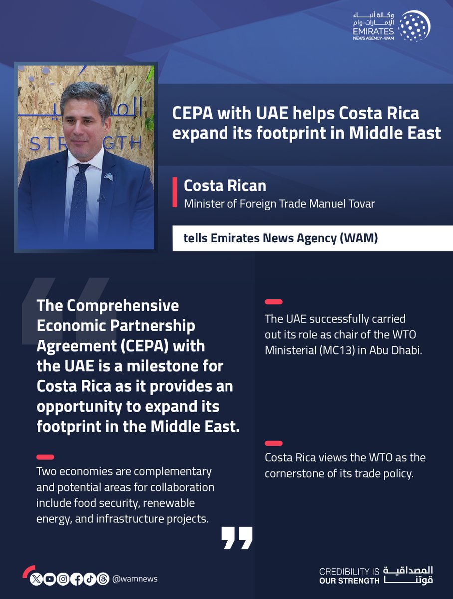CEPA with #UAE helps #CostaRica expand its footprint in Middle East: Costa Rican Minister

#WamNews 

wam.ae/a/b1zoxg5