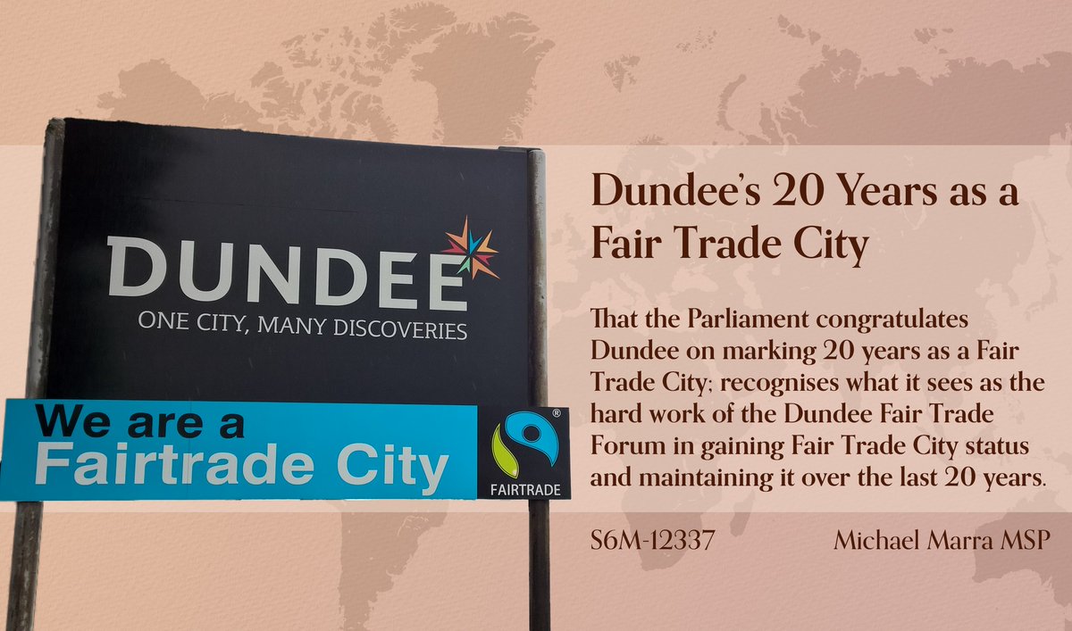DundeeFairtrade's tweet photo. Today is the 20th Anniversary of Dundee as a Fairtrade City.

We are delighted that @ChrisLawSNP and @michaeljmarra have tabled motions in the House of Commons and in the Scottish Parliament to mark this anniversary. https://t.co/hGqXqZcx0Q
