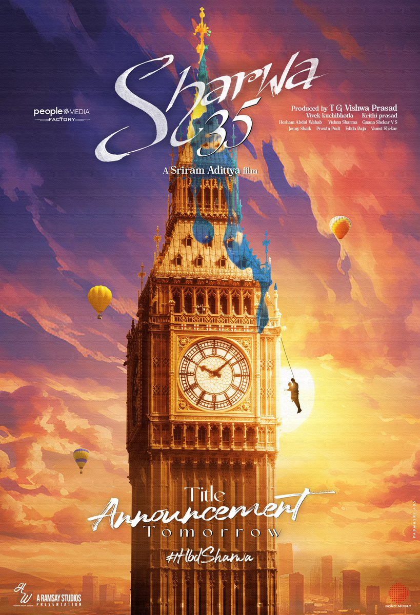 MovieBuzz (@moviesupdatez) on Twitter photo The Magic Begins Tomorrow! Big Ben will tell you the time of our grand reveal 🕰️ Look closely for the exact time!
#Sharwa35 #HBDSharwa
<a href="/ImSharwanand/">Sharwanand</a> <a href="/SriramAdittya/">Sriram adittya</a> <a href="/vishwaprasadtg/">Vishwa Prasad</a> <a href="/peoplemediafcy/">People Media Factory</a> <a href="/vivekkuchibotla/">Vivek Kuchibhotla</a> #Kritiprasad @HeshamAWMusic <a href="/VishnuSarmaDOP/">Vishnu Sarma</a> <a href="/PrawinPudi/">Prawin Pudi</a> The Magic Begins Tomorrow! Big Ben will tell you the time of our grand reveal 🕰️ Look closely for the exact time!
#Sharwa35 #HBDSharwa
<a href="/ImSharwanand/">Sharwanand</a> <a href="/SriramAdittya/">Sriram adittya</a> <a href="/vishwaprasadtg/">Vishwa Prasad</a> <a href="/peoplemediafcy/">People Media Factory</a> <a href="/vivekkuchibotla/">Vivek Kuchibhotla</a> #Kritiprasad @HeshamAWMusic <a href="/VishnuSarmaDOP/">Vishnu Sarma</a> <a href="/PrawinPudi/">Prawin Pudi</a>