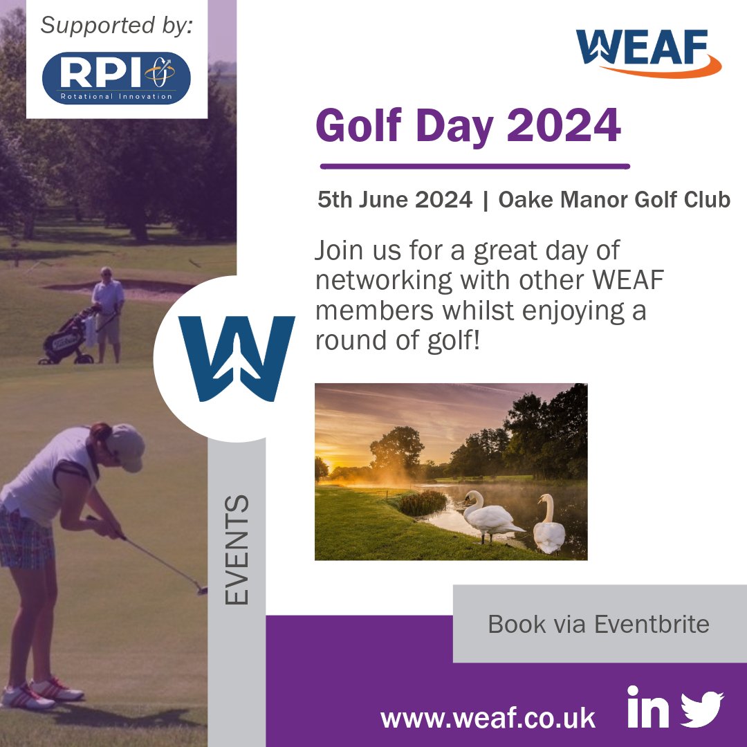 Come along and enjoy a great day networking with other WEAF members whilst playing a round of golf, followed by a meal afterwards. Only 20 spaces available, don't miss out - Book here 👉 lnkd.in/e5GbySKd kindly supported by Rotary Precision Instruments UK #WEAF