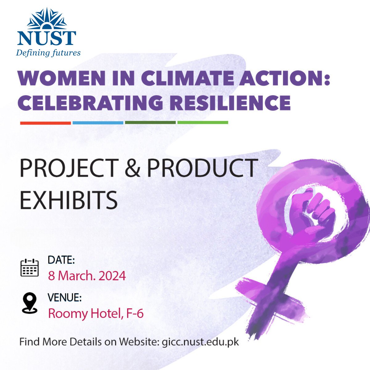Dedicated stalls will showcase projects &amp;products by women-led initiatives, related to environment #Sustainability&amp; #climateaction. #NUST #internationalwomensday2024

Date: 8 March. 2024
Venue: Roomy Hotel, F-6, Islamabad
For details: gicc.nust.edu.pk