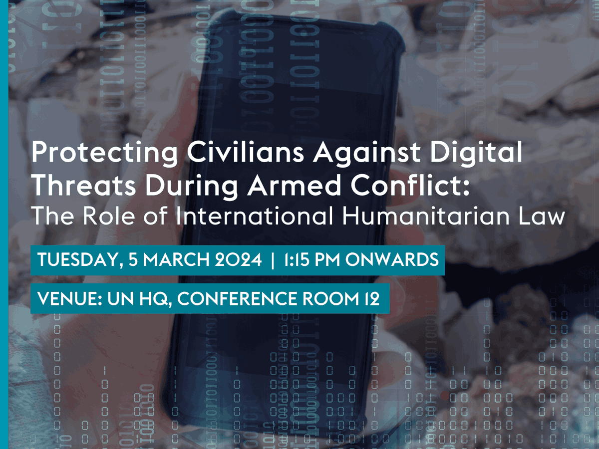 Happening today: Join us for a side event in New York on 'Protecting Civilians Against #Digital #Threats During Armed Conflict: The Role of International Humanitarian Law', co-organized by @ICRC_NYC, @Brazil_UN_NY and @swiss_un !