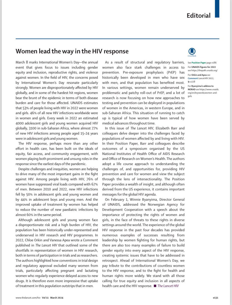 On #InternationalWomensDay we pay tribute to the contributions of countless women to the HIV response, and to the fight for health & human rights more widely. We stand with all those calling for equity & inclusion in all aspects of healthcare. @TheLancet thelancet.com/journals/lanhi…