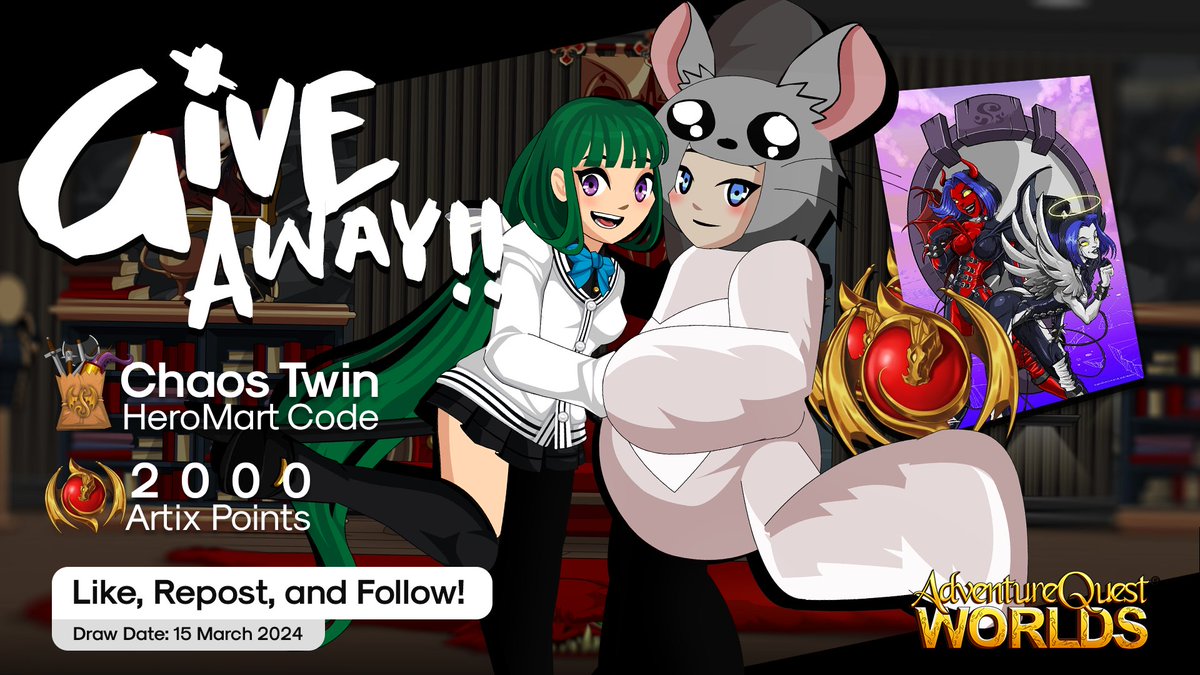 Giveaway Alert!!
Join my giveaway by Like, Repost this post, and also Follow me!😁

Chaos Twin HeroMart winner will be picked randomly.

and also submit School Uniform themed set in the comment for the chance of winning 2000 Artix Points! (i'll be the judge😳)

Thanks, Good Luck!