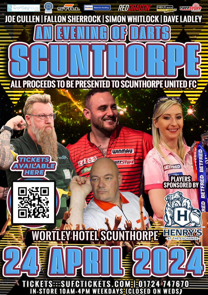 SUFCOfficial's tweet photo. ⚠️ MORE THAN HALF SOLD ALREADY!

🎯 DARTS NIGHT

Scunthorpe United presents an evening of darts at the Wortley House Hotel on Wednesday, April 24th, with Joe Cullen, Fallon Sherrock, Simon Whitlock and Dave Ladley (sponsored by Henry's at the Exchange) all part of the event 👉 https://t.co/rhqwS2uq2f

General admission tickets, and VIP meet and greet, are now available online (https://t.co/CyJAb287fz), by calling 01724 747670 or visiting our ticket office.

#UTI #IRON