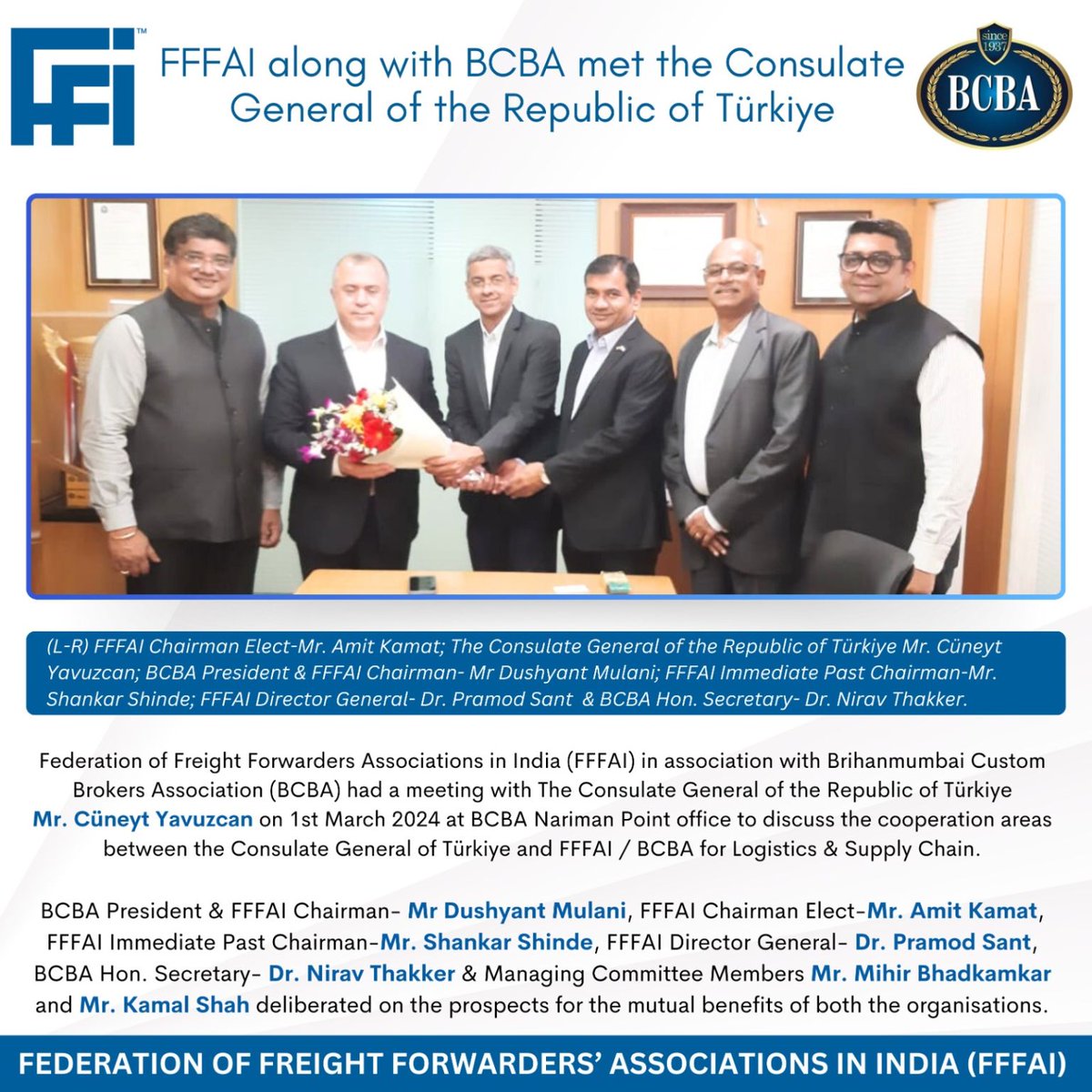 .<a href="/FFFAI_INDIA/">FFFAI - INDIA</a> in association with <a href="/BCBAIND/">BCBA</a> had a meeting with The Consulate General of the Republic of Türkiye Mr. Cüneyt Yavuzcan on 1st March 2024 to discuss the co-operation areas between the Consulate General of Türkiye and FFFAI / BCBA for Logistics &amp; Supply Chain.
#fffai