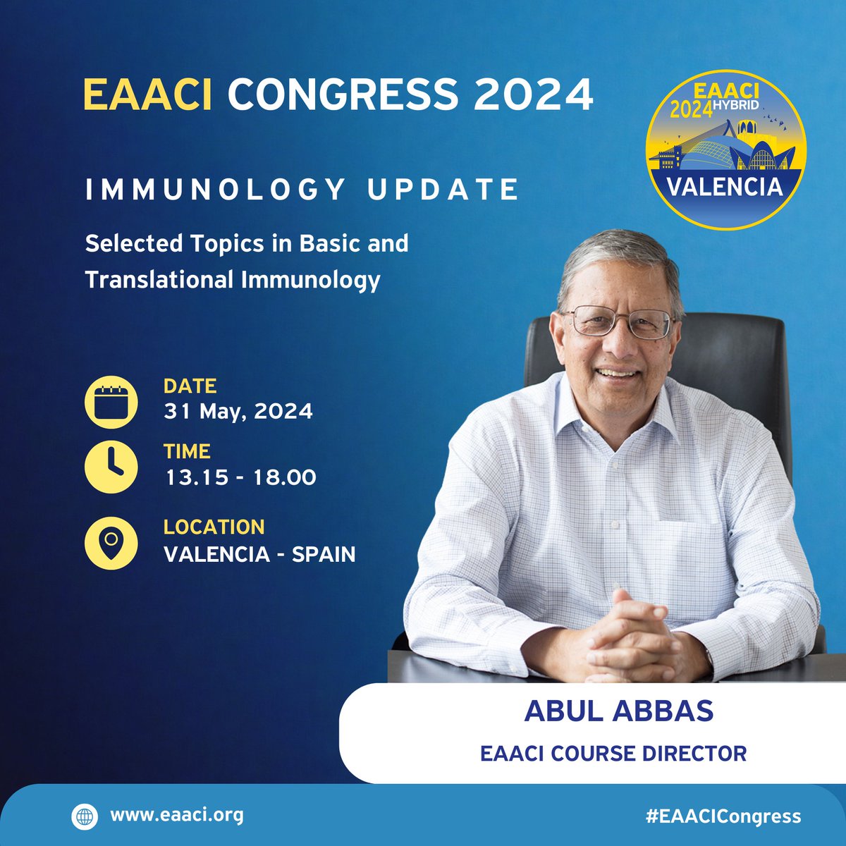 🔬 Enhance your knowledge of immunology at the "Immunology Update: Selected Topics in Basic and Translational Immunology" course, led by Dr.Abbas, during EAACI Congress 2024 in Valencia! Limited spots available, register now👉🏼 shorturl.at/htHP0 #EAACIcongress #Valencia
