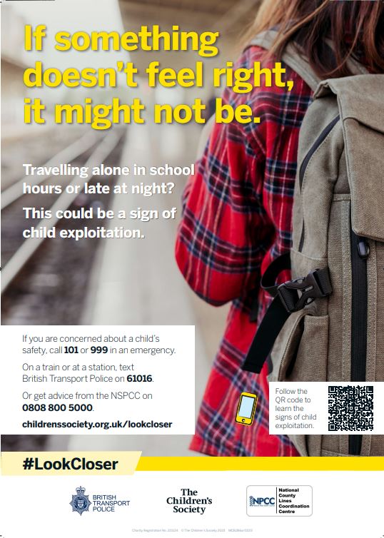 Trust your instinct, if something doesn't feel right, it might not be. 

If you are concerned about a child's safety call 101 or 999 in an emergency.

We're supporting @childrensociety, @BTP & @PoliceChiefs to #LookCloser when going about your day.