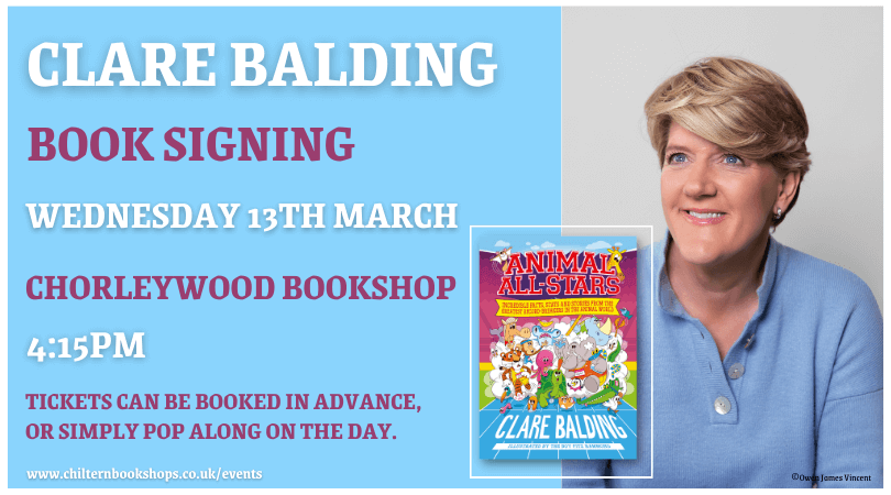 We're thrilled to be welcoming the lovely @clarebalding to the bookshop after school on Wednesday 13th March! Clare will be signing copies of her hilarious new children's book ANIMAL ALL-STARS, so pop along from 4.15pm to join in the fun! 🐯🐘🐧🐢 chilternbookshops.co.uk/event/clare-ba…