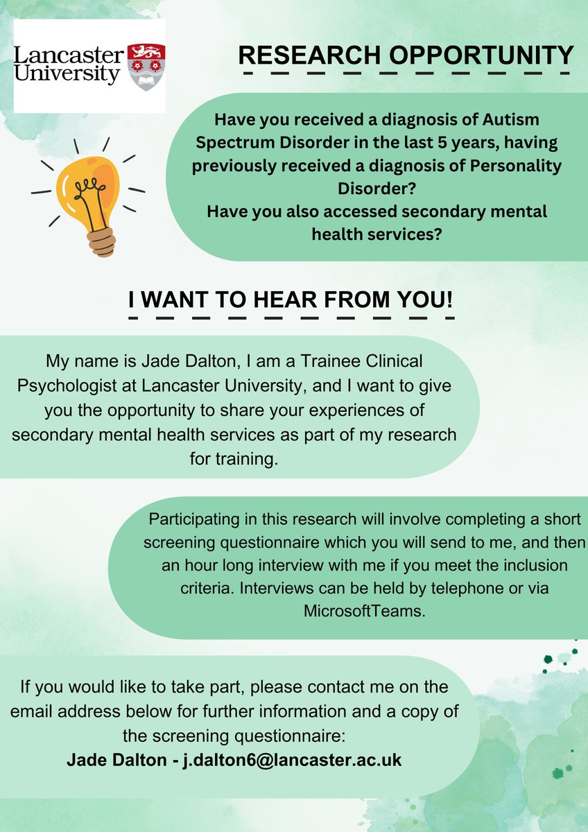 Lancaster DClinPsy (@lancsdclinpsy) on Twitter photo Recruiting participants who received a diagnosis of a Personality Disorder, followed by a diagnosis of Autism, to share their experiences of mental health services.
Contact Jade for more information j.dalton6@lancaster.ac.uk
#autism #pd #research Recruiting participants who received a diagnosis of a Personality Disorder, followed by a diagnosis of Autism, to share their experiences of mental health services.
Contact Jade for more information j.dalton6@lancaster.ac.uk
#autism #pd #research