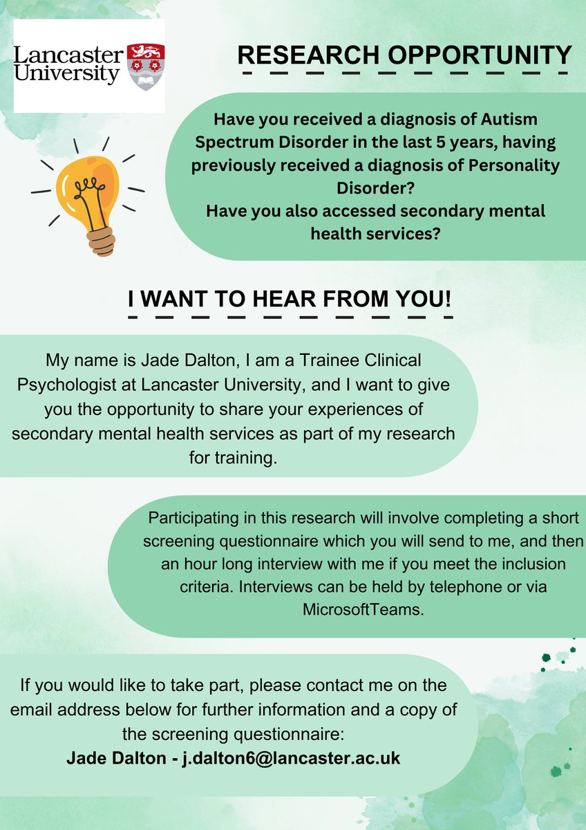 Recruiting participants who received a diagnosis of a Personality Disorder, followed by a diagnosis of Autism, to share their experiences of mental health services. Contact Jade for more information j.dalton6@lancaster.ac.uk #autism #pd #research