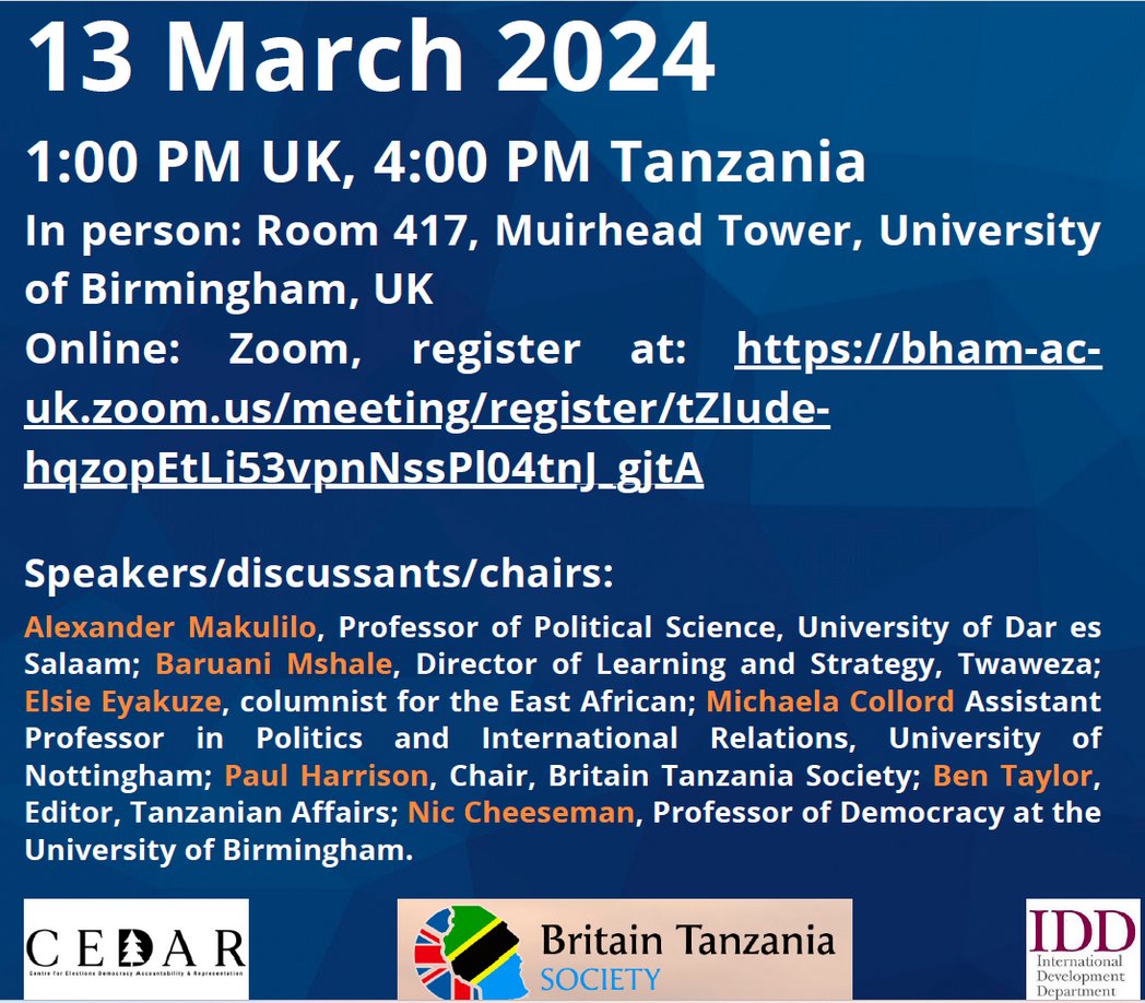 What are your thoughts on the #Tanzania Constitution? @BritTanSoc and @AfricaDemocracy are hosting a discussion on Tanzania and its constitution, featuring @MCollord, @MikocheniReport, @Fromagehomme, @mtega, @BMshale, Prof. Makulilo, and @ProtectWild. 📅 March 13th, 1 pm UK / 4…