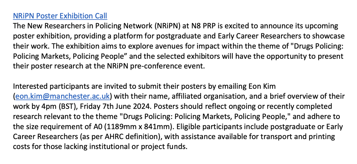 Drugs_NW's tweet image. NRiPN Poster Exhibition Call

The New Researchers in Policing Network (NRiPN) at N8 PRP is excited to announce its upcoming poster exhibition, providing a platform for postgraduate and Early Career Researchers to showcase their work. See image for details

registrations.hg3conferences.co.uk/hg3/frontend/r…