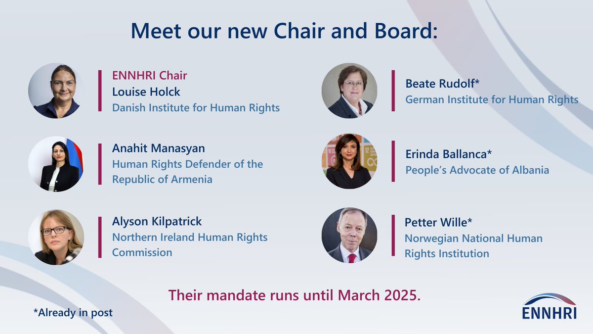 It's time to welcome our new ENNHRI Board and Chair ✨! Led by Louise Holck, Director of the Danish Institute for Human Rights 🇩🇰 (@HumanRightsDK), they'll guide our work on promoting & protecting #HumanRights across Europe. Meet them below 👇& here 👉ennhri.org/about-us/gover…
