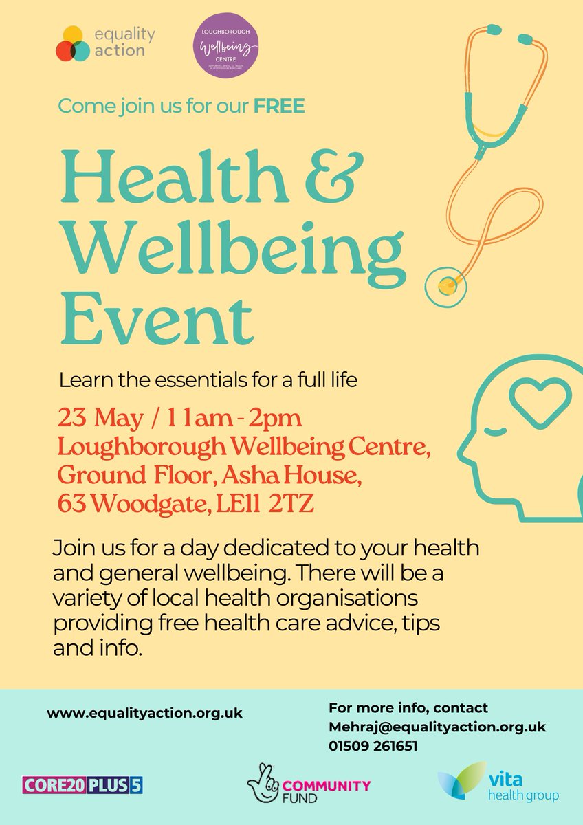 Our annual Health & Wellbeing event is back on 23 May. Local health organisations will be here providing #free health care advice & information, so do come along - everyone is welcome. #healthandwellbeing #loughborough #leicestershire #nhstalkingtherapy #wellbeing #leicester