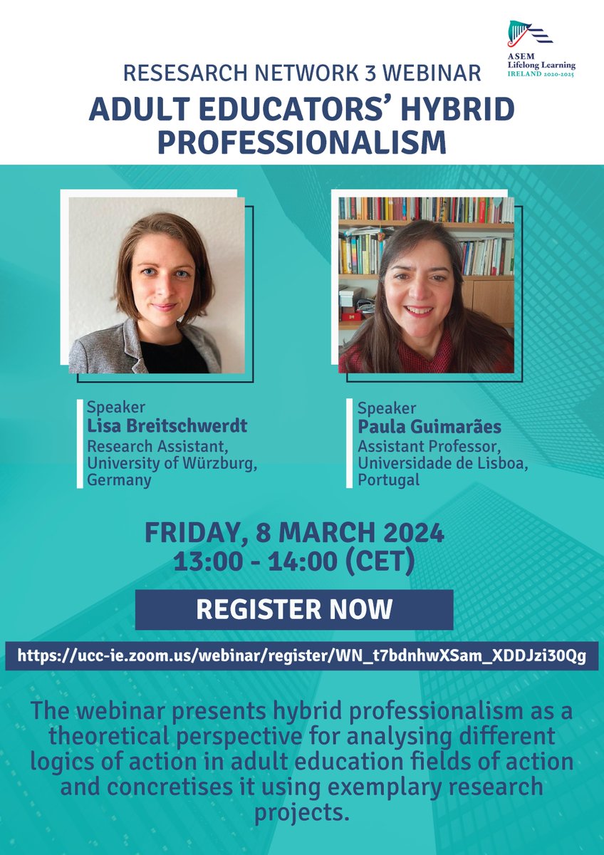 AaaceTweet's tweet image. Join a webinar with experts on the topic of hybrid professionalism. Drs. Lisa Breitschwerdt and Paul Guimaraes share their research and insights on Friday, March 8, 2024, @ 1300 (CET). Register: ucc-ie.zoom.us/webinar/regist…