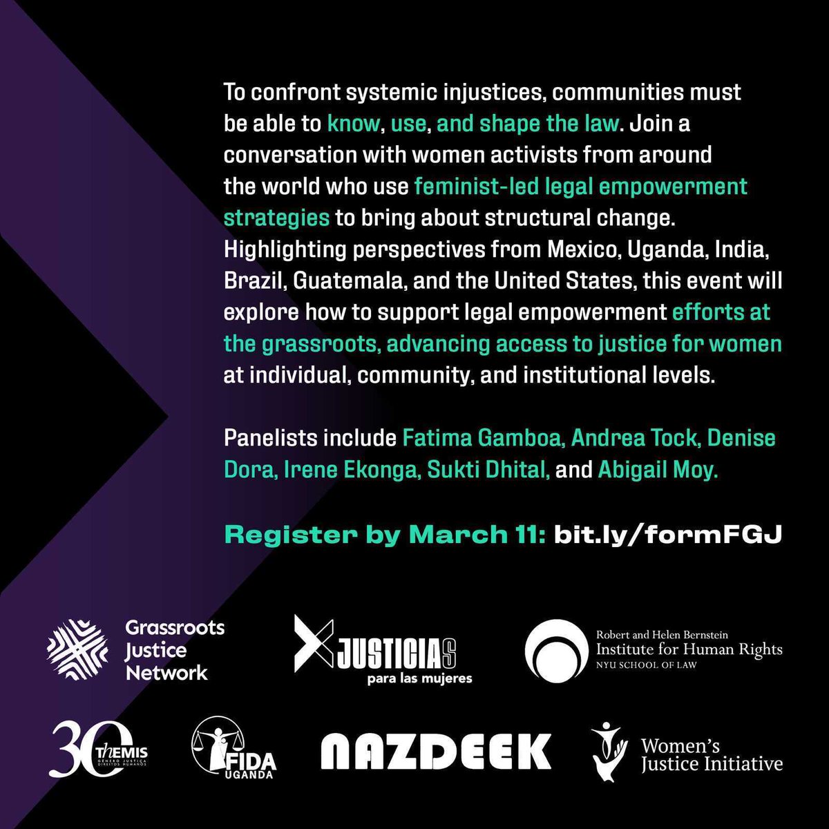 GlobalNamati's tweet photo. This event will feature stories from community paralegals working to address structural injustices linked to #patriarchy, #colonialism, &amp; #racism. Join Network members from around the 🌎 to hear #feminist #legalempowerment strategies. 
Register here: https://t.co/M5mzUbHjTC https://t.co/Yg7OsRsGRy
