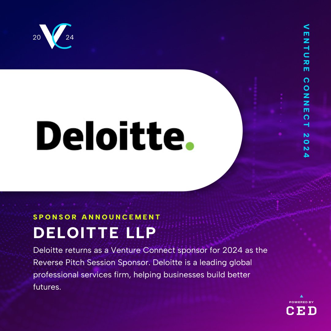 Deloitte returns as a Venture Connect sponsor for 2024 as the Reverse Pitch Session Sponsor. Deloitte is a leading global professional services firm, helping businesses build better futures.

Join us! cednc.org/venture-connec…

#VC2024 #VentureConnect #tech #biotech