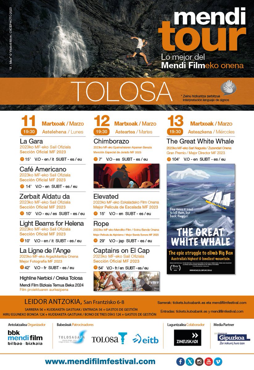 tolosaudala's tweet photo. ℹ️[ES] Montaña, aventura, deportes extremos y naturaleza se dan cita en Tolosa en la XIV. edición del ciclo Mendi Tour, el próximo 11, 12 y 13 de marzo. Las entradas ya están a la venta en la taquilla del Leidor u online.
▶ https://t.co/TQs9OCHjHA
#tolosa #MendiTour #MendiFilm https://t.co/18GQYULYGP