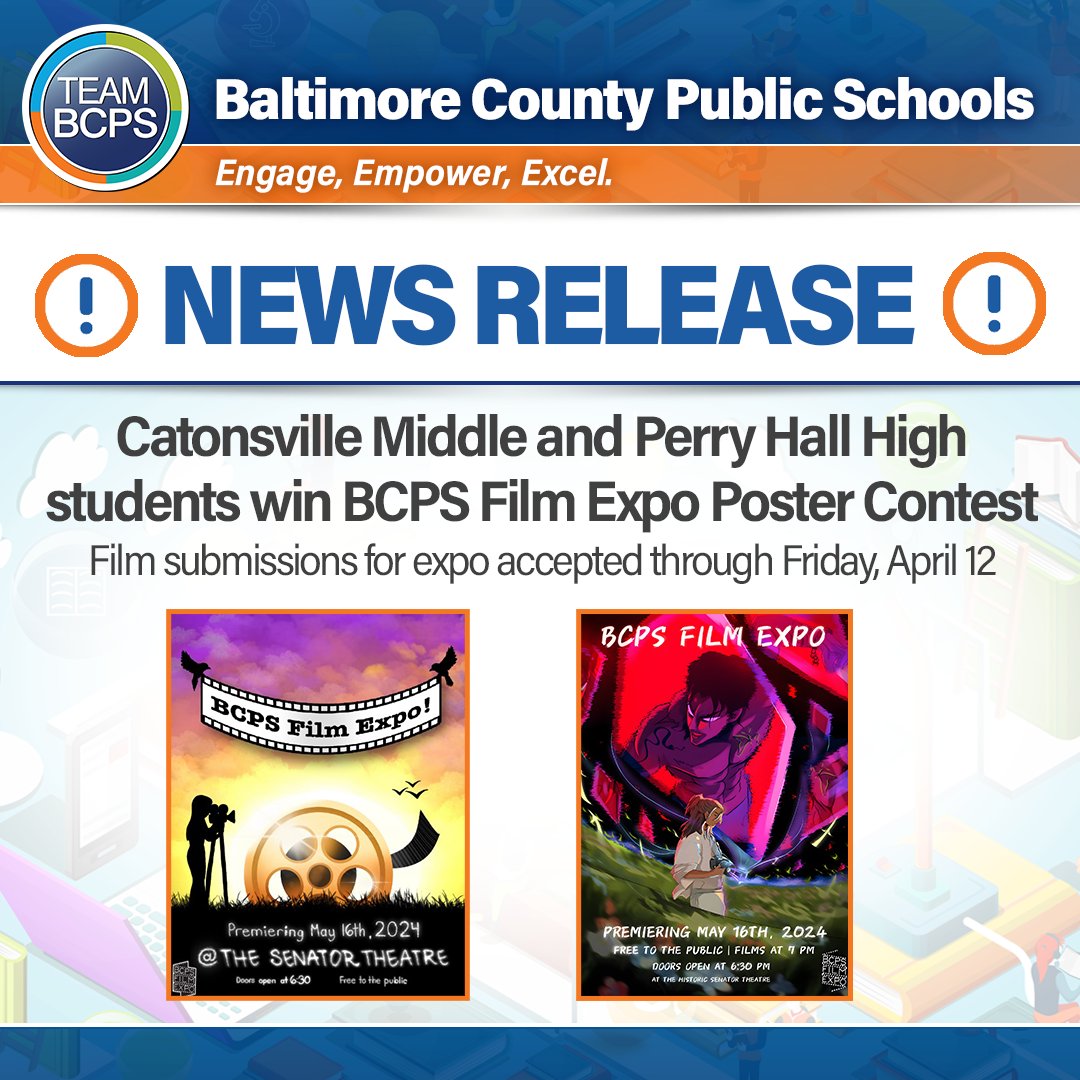 🎬 Blen Asaminew (Grade 8, Catonsville Middle School) and Ajit Thapa Magar (Grade 11, @hall_pride) have been named the winners of the 2024 BCPS Film Expo Poster Contest! News Release ➡ ow.ly/BnXH50QL5Cv