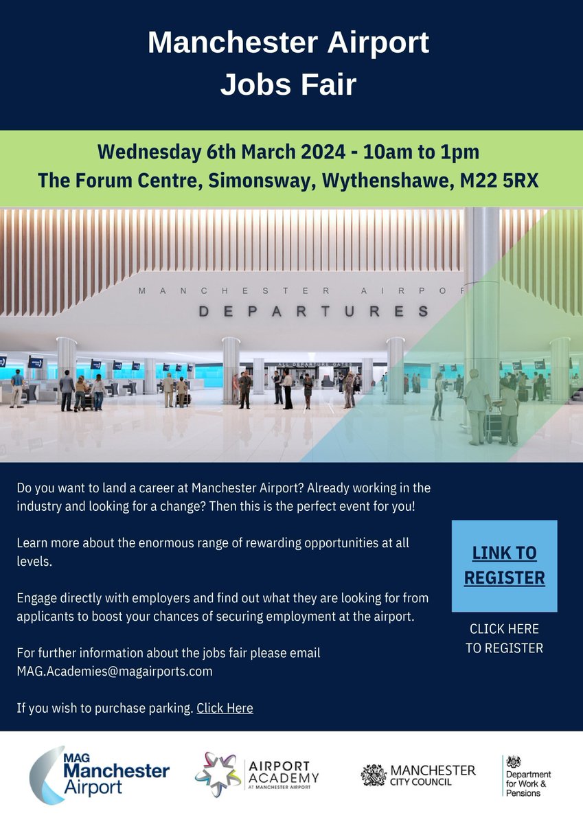 Looking for a career at Manchester Airport? Head down to The Forum Centre in Wythenshawe on the 6th of March from 10am and learn of the exciting opportunities on offer 👇