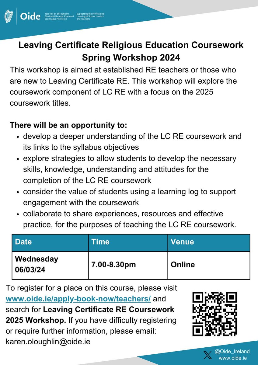@Oide_RE will host an elective #LCRE coursework workshop tomorrow, Wednesday the 6th March at 7pm. Teachers can register here: buff.ly/3R9HXZm @RtaiReligion