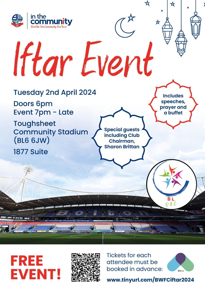 ☪️ The BWitC Iftar Event will be returning to the Toughsheet Community Stadium! Join us for an evening of prayer and reflection, with special guests including BWFC Chairman Sharon Brittan ⚽ Book your place here👇 buff.ly/3T0JhgD #BWitC | #BWFC