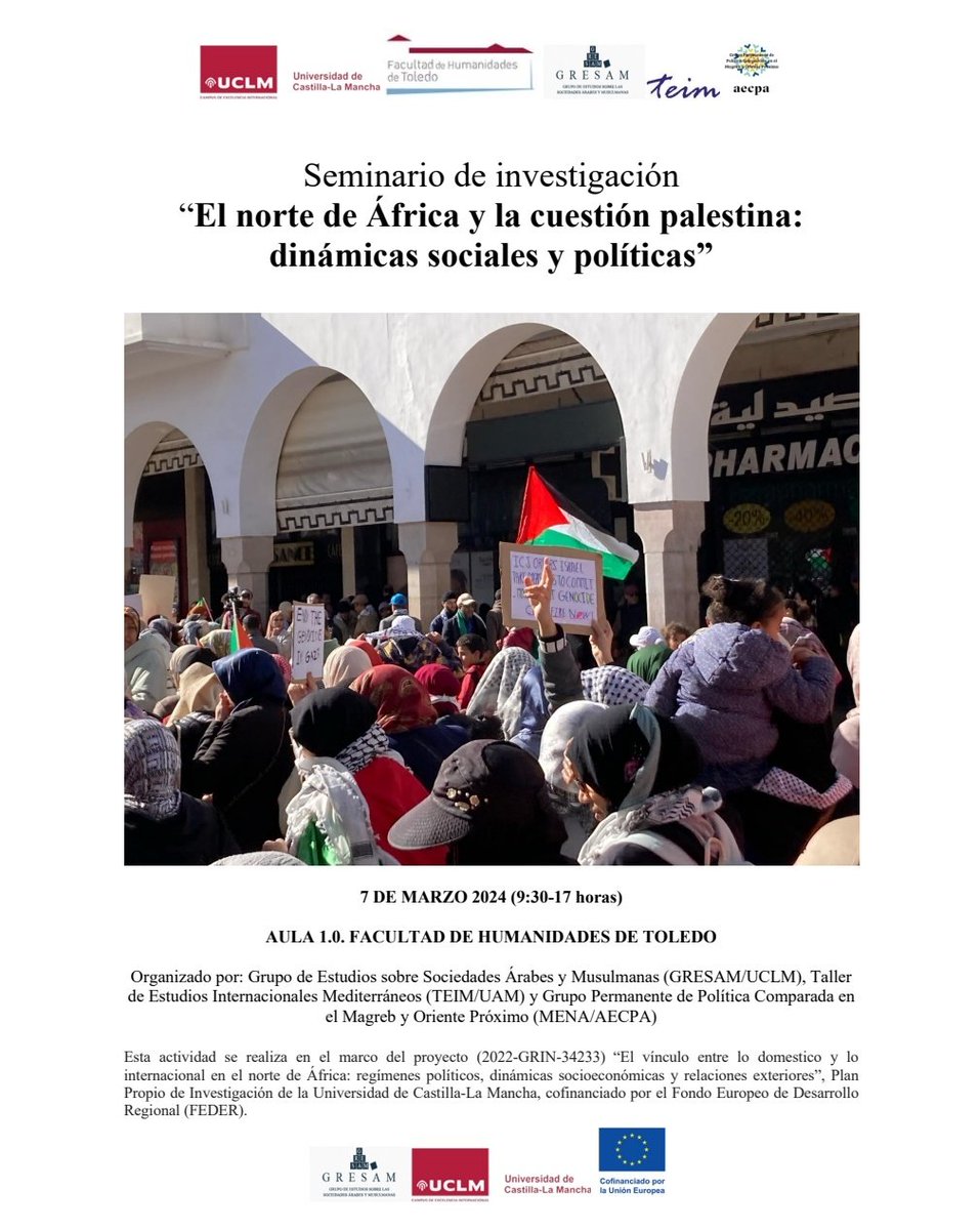 Este jueves 7 se celebra el seminario de investigación sobre la relevancia de Palestina en el Norte de África. Se analizará su impacto histórico y actual, explorando la solidaridad regional y sus implicaciones📚