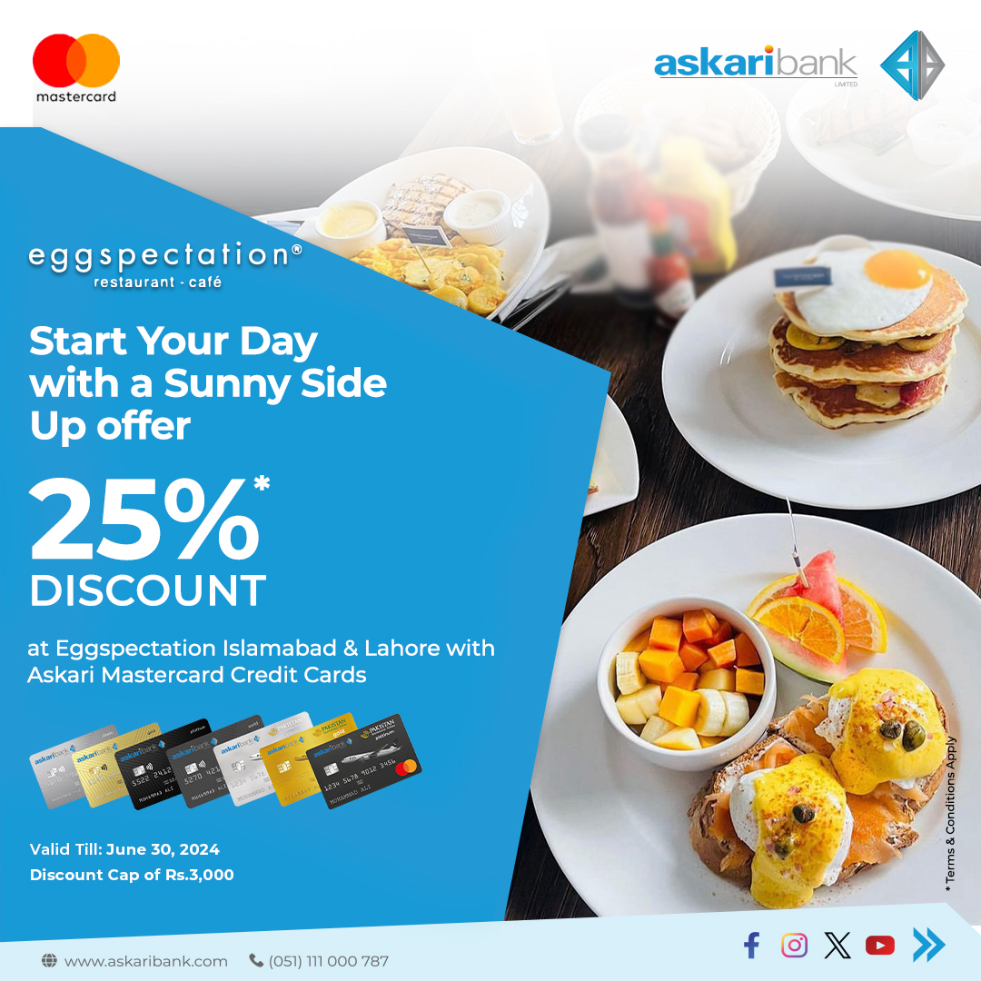 Start your day on a brighter note with an eggspectacular breakfast at Eggspectation in Islamabad or Lahore, and enjoy 25% Discount on your bill when you pay with your Askari Mastercard Credit Card! Link: rb.gy/khhnik #askaribank #eggspectations #islamabadfoodies