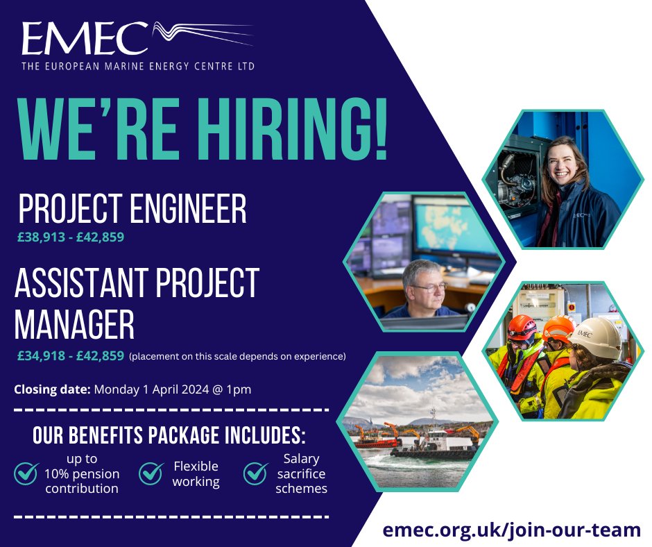 We're hiring! 

We are seeking a Project Engineer and Assistant Project Manager to support the delivery and management of EMEC's project portfolio🌍🔋🌊⚡️

Closing date: 1pm, 1st April 2024 🗓️

To find out more and apply, visit: emec.org.uk/join-our-team/…