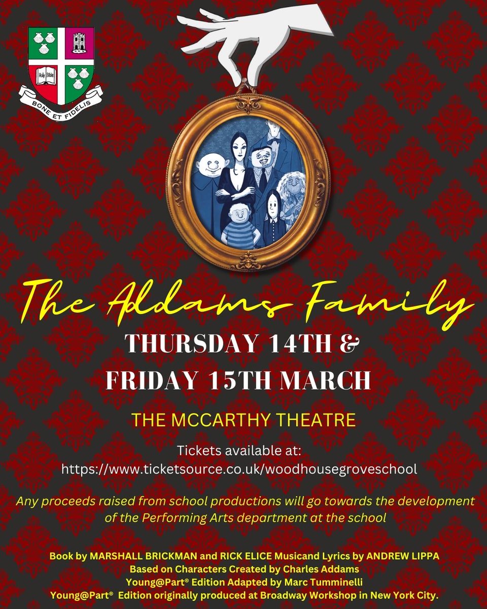 We are so excited for next week's school production of 'The Addams Family'. Our talented students are hard at work painting sets, rehearsing solos & perfecting their comedic timing. Join us for a night of laughter, music & fun! Tickets available from ticketsource.co.uk/woodhousegrove…