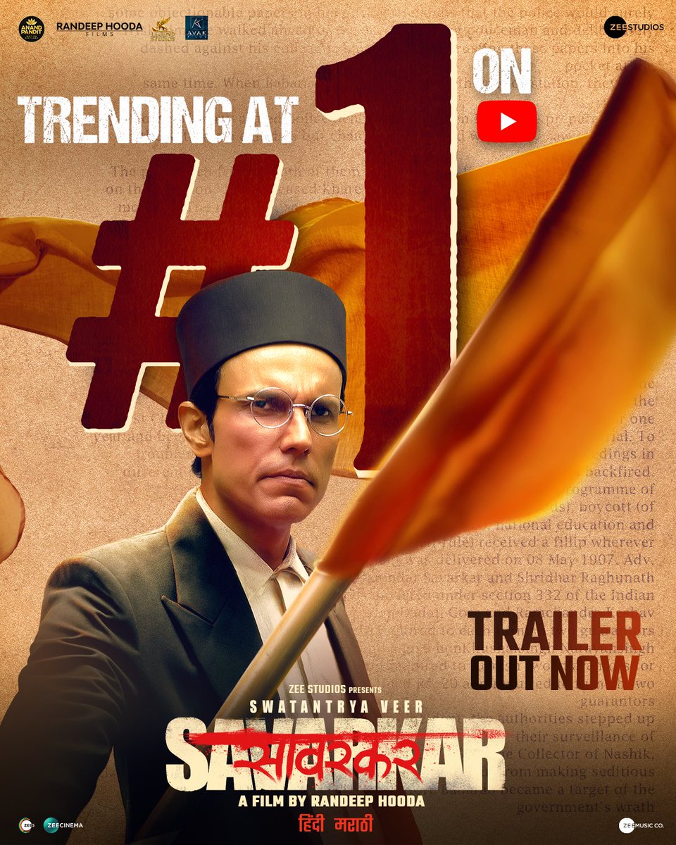 RandeepHooda's tweet image. Trailer ko mil raha hai Akhand Bharat ka Akhand pyaar aur sanmaan! 

The trailer of #SwatantryaVeerSavarkar is trending at #1 on YouTube. 
🔗 - bit.ly/SwatantryaVeer…

In cinemas 22nd March. 

#VeerSavarkarOn22March
#WhoKilledHisStory

@ZeeStudios_ @RandeepHooda #AnkitaLokhande…