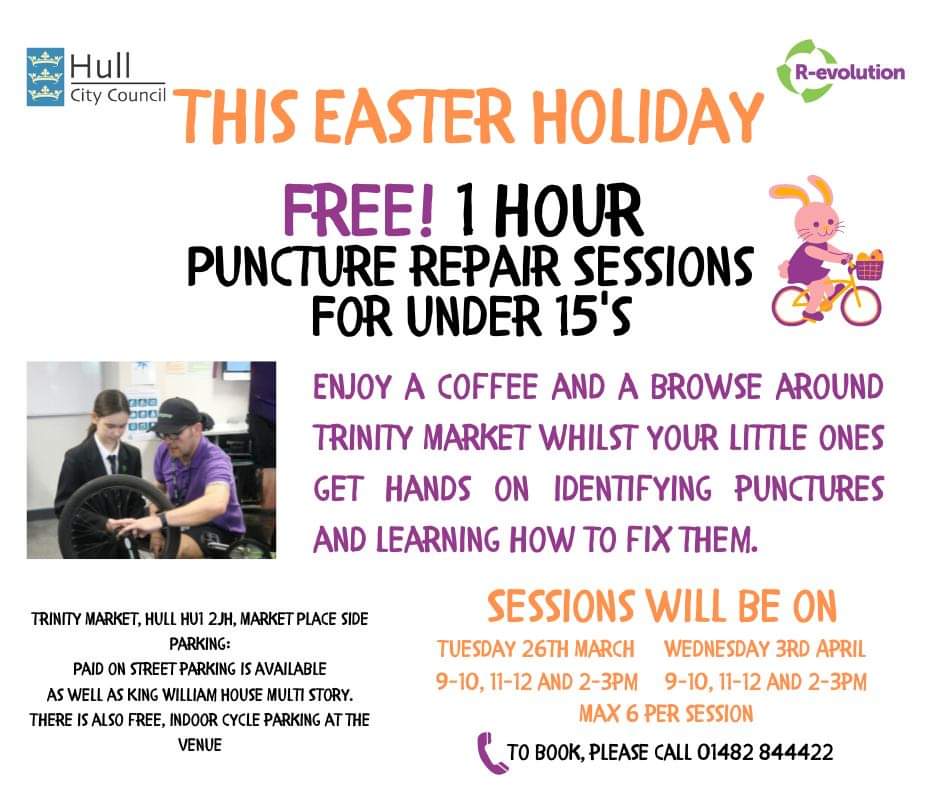 This Easter Holiday- bring your child to learn how to identify and patch up their puncture in one of our free one hour sessions! These sessions are great way to improve children's skills, confidence and independence when out on their bikes as the weather warms up ☀️🚴‍♀️