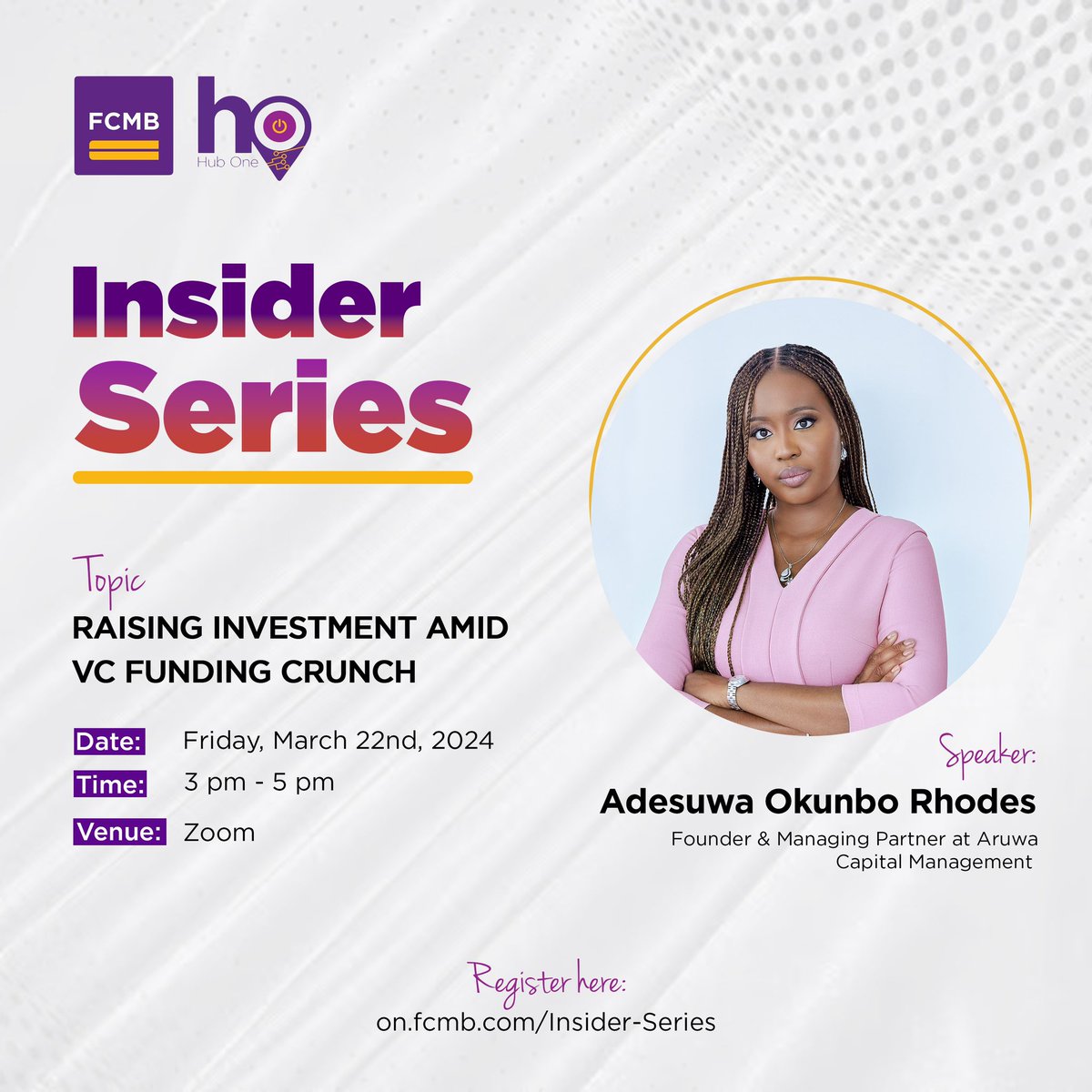 Calling all founders! Learn the secrets to attracting investors and getting funded during a funding crunch, in our upcoming webinar with Adesuwa Okunbo Rhodes, Founder & Managing Partner at Aruwa Capital Management. Attendance is FREE. Click the link on.fcmb.com/Insider-Series to