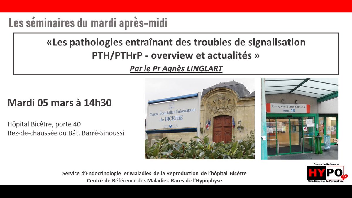 Séminaire d'#endocrinologie du mardi après-midi à @Hopital_Bicetre : cet après-midi le Pr @AgnesLinglart (@CrmrCaP ) fera une présentation intitulée 'Les pathologies entraînant des troubles de signalisation PTH/PTHrP - overview et actualités'.