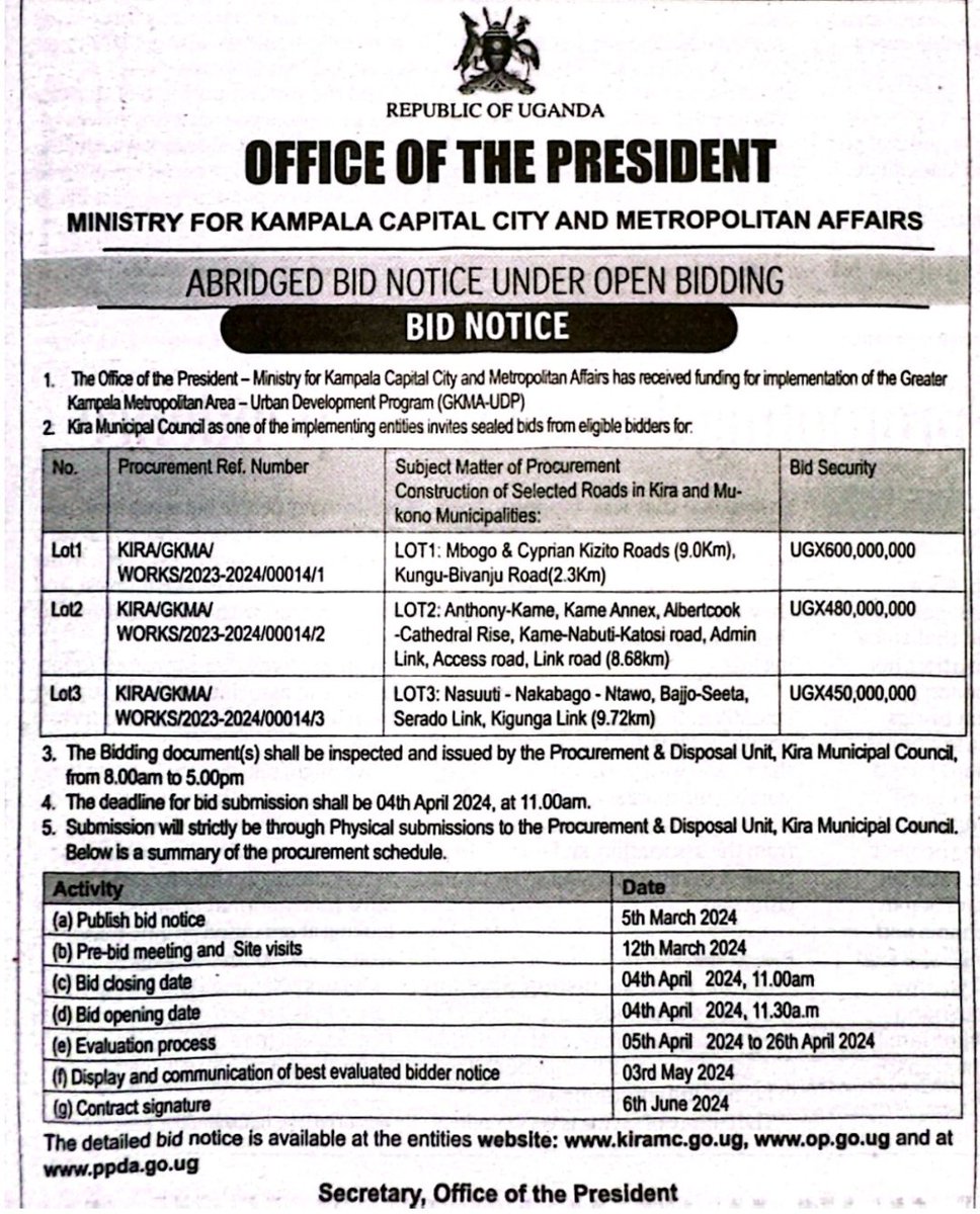Calling on bids for construction of selected roads in Kira and Mukono municipalities. Details are in the advert. Do not miss the opportunity if you are eligible. #transformingthemetropolitan #thekampalawewant @KiraMunicipali1 @PresidencyUG1 @OPMUganda @Parliament_Ug