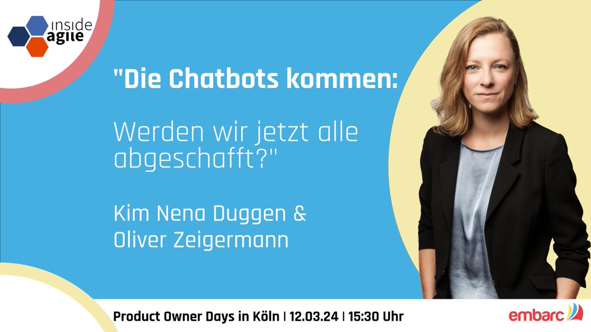 embarc Software Consulting GmbH (@embarced) on Twitter photo 🔜🎙 Seid am 12.03. in Köln dabei, wenn <a href="/KimDuggen/">Kim Nena Duggen</a> und @DJCordhose diskutieren, wie sich künstliche Intelligenz auf die Arbeit im Kundenservice deutscher Versicherungen auswirkt. Können Chatbots wirklich echte Menschen ersetzen? 🤖
➡️ 🔗 kurzelinks.de/xdhw
<a href="/insideagile/">Inside Agile</a> 🔜🎙 Seid am 12.03. in Köln dabei, wenn <a href="/KimDuggen/">Kim Nena Duggen</a> und @DJCordhose diskutieren, wie sich künstliche Intelligenz auf die Arbeit im Kundenservice deutscher Versicherungen auswirkt. Können Chatbots wirklich echte Menschen ersetzen? 🤖
➡️ 🔗 kurzelinks.de/xdhw
<a href="/insideagile/">Inside Agile</a>