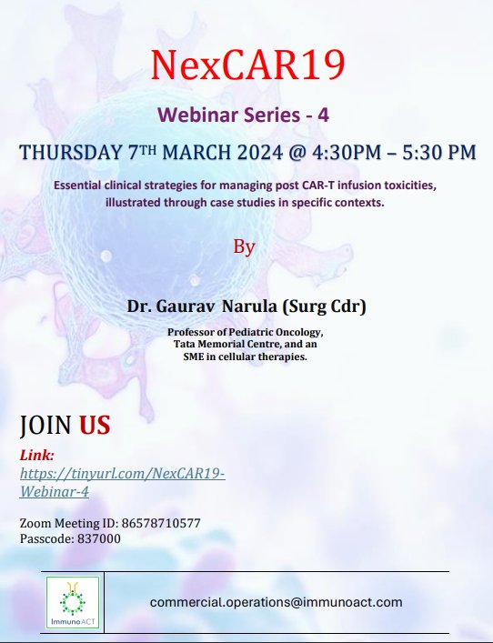 Unlocking Clinical Insights: Join @DrGauravNarula as he dives into real-world case studies, revealing strategies to tackle post CAR-T infusion toxicities. Date - 7th March 2024, at 04:30 PM Link for webinar - us06web.zoom.us/j/86578710577?…