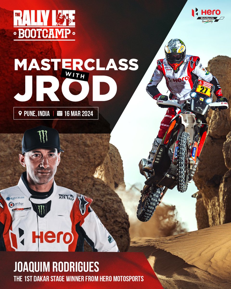 Here’s your ultimate learning opportunity with the one and only - JRod! 🤩 Gear up for our flagship Rally Life Bootcamp event, coming soon to Pune, India. Train with Hero’s top Dakar rider Joaquim Rodrigues. Stay tuned for more details! 🙌 #RallyLife #BootCamp #RaceTheLimits