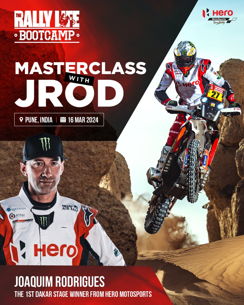 Here’s your ultimate learning opportunity with the one and only - JRod! 🤩 Gear up for our flagship Rally Life Bootcamp event, coming soon to Pune, India.

Train with Hero’s top Dakar rider Joaquim Rodrigues. Stay tuned for more details! 🙌

#RallyLife #BootCamp #RaceTheLimits