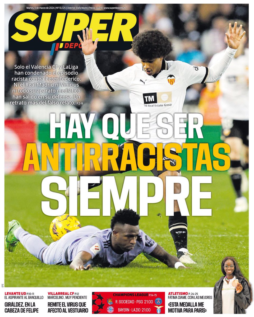 Superdeporte: “Solo Valencia y LaLiga han condenado el episodio racista contra Peter Federico.

Ni el Real Madrid ni Vinicius ni todo su aparato mediático han salido en su defensa. Un retrato más del falso relato”.