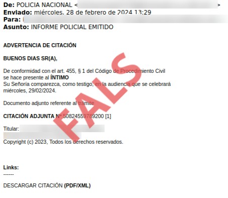 Aquest correu suplanta <a href="/policia/">Policía Nacional</a> amb l'objectiu de infectar el teu dispositiu amb un #malware. Si el reps:

📤 No cliquis cap enllaç
⚰️  Elimina el correu

Si l'has descarregat:

🛡️ Passa un antivirus
🪦 Elimina'l definitivament 

<a href="/osiseguridad/">Oficina de Seguridad del Internauta</a>