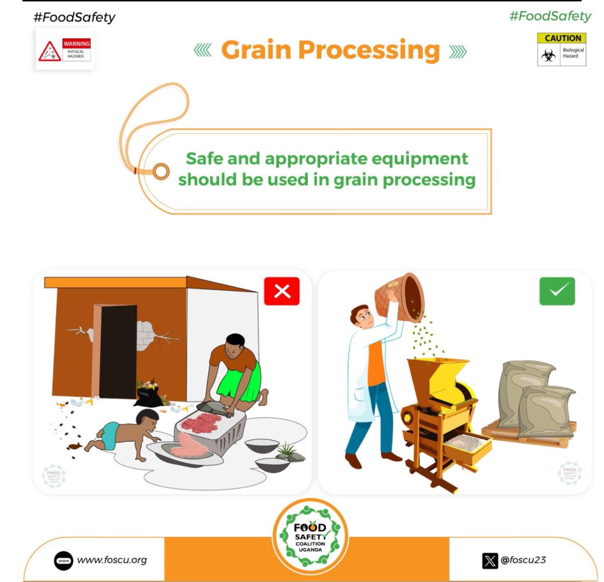 FOOD SAFETY ALERT!! Use of old poor-quality equipment to process agricultural produce may result in contamination of flour with broken metal or plastic pieces. Be vigilant!!! #FoodSafey | @foscu23 | foscu.org